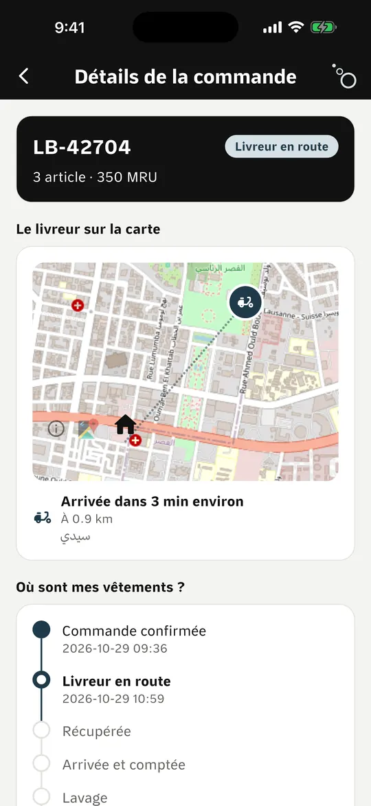 Le suivi de commande et le livreur sur la carte dans l’application Libas